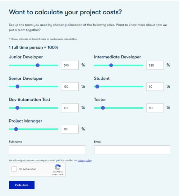 Screenshot of a cost calculator used for estimating the cost of a project, feature that I worked on.